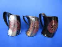 6 inches Engraved Horn Mugs, Tankards with Red Petals <font color=red> Wholesale</font> -  8 @ $24.00 each <font color=red> (CLOSEOUT 8 @ $12.00 each) </font>