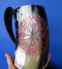 6 inches Engraved Horn Mug made from Ox Horn  - $36.99 each; 2 @ $34.00 each  <font color=red> (CLOSEOUT $22.40 EACH)</FONT>