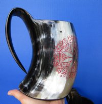 6 inches Engraved Horn Mugs, Tankards with Red Petals <font color=red> Wholesale</font> -  8 @ $24.00 each <font color=red> (CLOSEOUT 8 @ $12.00 each) </font>