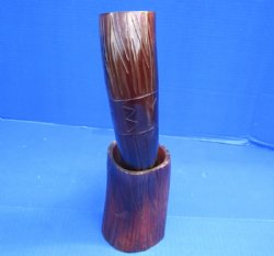 14 to 18 inches Dyed Reddish Brown Engraved Lines and Letters Cow Horn with Horn Stand - $25.99 <font color=red> (CLOSEOUT $15.99 EACH)</FONT>