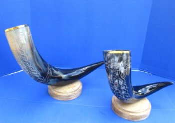 19 to 32 inches Large Cow Horn Centerpiece with Engraved Rope and Emblem, Carved Horn Sculpture <font color=red> Wholesale</font> -  $55 each <Font color=red> CLOSEOUT 5 @ $19.00 EACH</FONT>