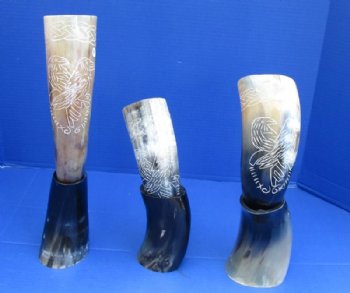 Carved Birds Drinking Horns with Horn Stands <font color=red> Wholesale</font> 8 @ $14.85  <font color=red> (CLOSEOUT 10 @ $9.00 EACH)</FONT>