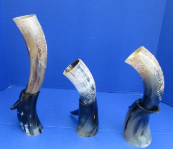 Carved Birds Drinking Horns with Horn Stands <font color=red> Wholesale</font> 8 @ $14.85  <font color=red> (CLOSEOUT 10 @ $9.00 EACH)</FONT>