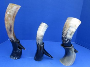 Carved Birds Drinking Horns with Horn Stands <font color=red> Wholesale</font> 8 @ $14.85  <font color=red> (CLOSEOUT 10 @ $9.00 EACH)</FONT>