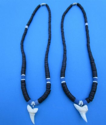 Two 1-1/8 inches and 1-1/4 inches White Modern Day Mako Shark Tooth on 18 inches Black Coconut Beads Necklaces for $8.00 each