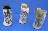6-1/2 to 7-1/2 inches tall Carved Knight Buffalo Horn Mug for Sale <font color=red>Wholesale</font> -  7 @ $23.00 each <font color=red> SALE $14 EACH</FONT>