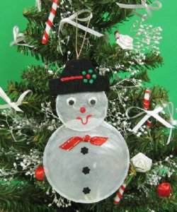 3-3/4 inches White Capiz Seashell Snowman Ornament wearing a Black Hat - 10 @ $3.30 each