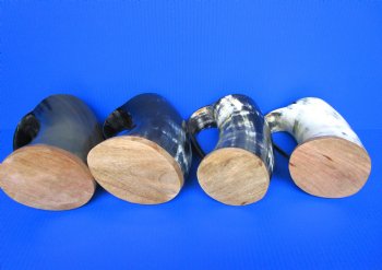 32 ounces Polished Cow Horn Beer Mugs with Wood Bases <font color=red> Wholesale</font> 7" to 9 " Tall - 8 @ $16 each