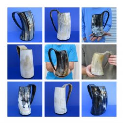 6 inches Polished Cow Horn Mugs <font color=red> Wholesale</font>, (16 ounces) - 5 @ $19.00 each; 12 @ $17.00 each