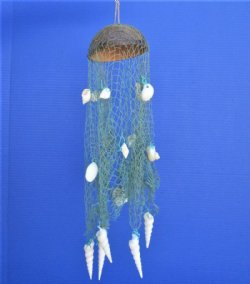 17 inches Coconut with Blue Fish Net and Assorted Shells Wind Chimes - 6@ $5.20 each