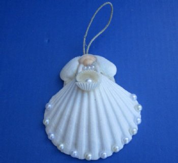 4-1/4 inches White Scallop Shell Angel Ornaments <font color=red> Wholesale</font> - 60 @ $1.60 each