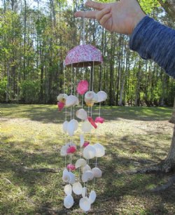 22 inches Pink and White Seashell Windchime with Glitter Coconut Top - 5 @ $4.64 each
