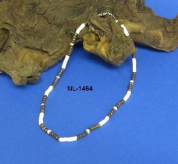 18 inches White Puka Shells with Brown Coconut Beads Necklaces - Pack of 12 @ $2.10 each