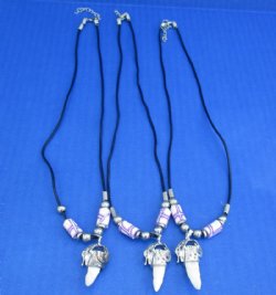 Alligator Tooth Necklace with Pink, White, Purple Abstract Art Beads with 1/2 to 1-1/2 inches Gator Tooth, 20 inches - 3 @ $7.50 each