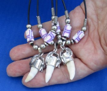 Alligator Tooth Necklaces <font color=red> Wholesale</font> with Pink, White, Purple Abstract Art Beads with 1/2 to 1-1/2 inches Gator Tooth, 20 inches - 24 @ $4.50 each