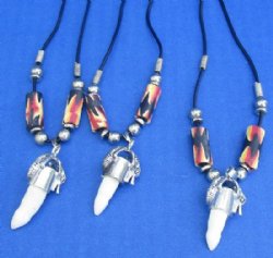 Alligator Tooth Necklace with Red, Gold and Black Abstract Design Beads 1/2 to 1-1/2 inches Gator Tooth, 20 inches - 3 @ $7.50 each
