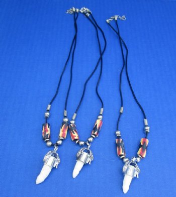 Alligator Tooth Necklaces <font color=red> Wholesale</font> with Red, Gold and Black Abstract Design Beads 1/2 to 1-1/2 inches Gator Tooth, 20 inches - 24 @ $4.50 each