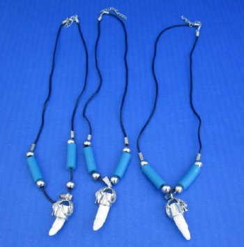 Genuine Alligator Tooth Necklace with Blue Tube Beads and 3/4 to 1-1/2 inches Gator Tooth  - 3 @ $7.50 each