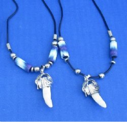 Alligator Tooth Necklace with Purple, Blue and White Abstract Design Beads 1/2 to 1-1/2 inches Gator Tooth, 20 inches - 3 @ $7.50 each