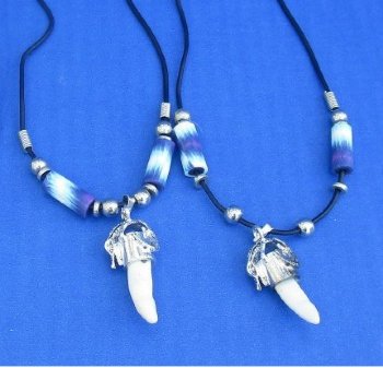 Alligator Tooth Necklace with Purple, Blue and White Abstract Design Beads 1/2 to 1-1/2 inches Gator Tooth, 20 inches - 3 @ $7.50 each