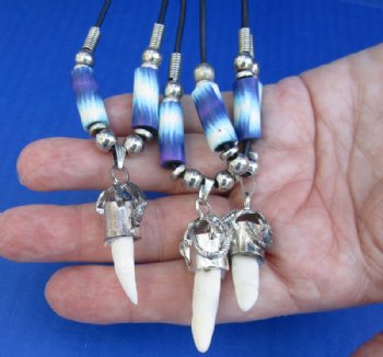 Alligator Tooth Necklace with Purple, Blue and White Abstract Design Beads 1/2 to 1-1/2 inches Gator Tooth, 20 inches - 3 @ $7.50 each