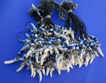 Alligator Tooth Necklace with Purple, Blue and White Abstract Design Beads 1/2 to 1-1/2 inches Gator Tooth, 20 inches - 3 @ $7.50 each