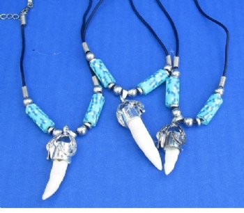 Alligator Tooth Necklace with Aqua, Blue and White Abstract Design Beads 1/2 to 1-1/2 inches Gator Tooth, 20 inches - 3 @ $7.50 each