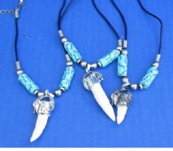 Alligator Tooth Necklace with Aqua, Blue and White Abstract Design Beads 1/2 to 1-1/2 inches Gator Tooth, 20 inches - 3 @ $7.50 each