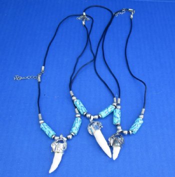 Alligator Tooth Necklace with Aqua, Blue and White Abstract Design Beads 1/2 to 1-1/2 inches Gator Tooth, 20 inches - 3 @ $7.50 each