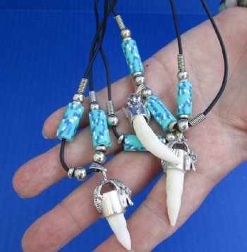 Alligator Tooth Necklace with Aqua, Blue and White Abstract Design Beads 1/2 to 1-1/2 inches Gator Tooth, 20 inches - 3 @ $7.50 each
