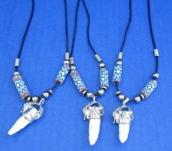 Alligator Tooth Necklace with Blue White and Brown Zig Zag Pattern Beads with 1/2 to 1-1/2 inches Gator Tooth, 20 inches - 3 @ $7.50 each