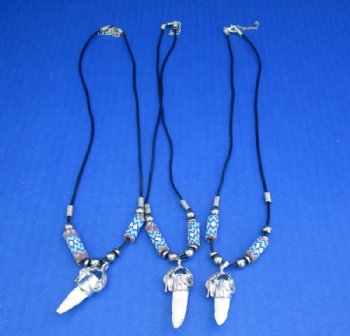 Alligator Tooth Necklace with Blue White and Brown Zig Zag Pattern Beads with 1/2 to 1-1/2 inches Gator Tooth, 20 inches - 3 @ $7.50 each