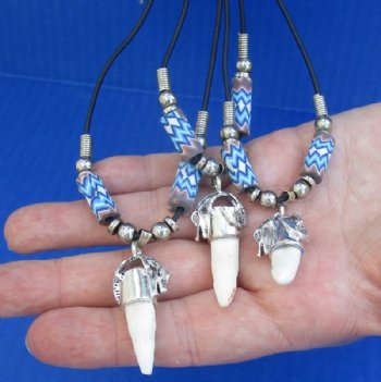 Alligator Tooth Necklace with Blue White and Brown Zig Zag Pattern Beads with 1/2 to 1-1/2 inches Gator Tooth, 20 inches - 3 @ $7.50 each