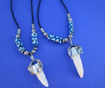 20 inches Alligator Tooth Necklace with Navy and White Abstract Art Beads - 3 @ $7.50 each