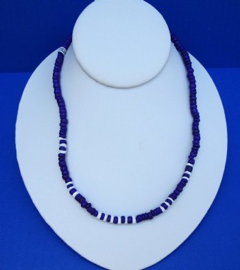 18 inches Dark Purple Coconut Beads with White Puka Shells Necklaces <font color=red> Wholesale</font> -  6 dozen @ $16.20 a dozen