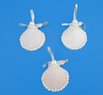 2-1/2 inches White Pecten Shell with Faux Pearls Beach Christmas Ornaments - 25 @ $1.95 each