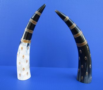Painted Decorative Horn with Stripes and Circles made out of water buffalo horns 10 to 12 inches -  2 @ $10.80 each <font color=red> (CLOSEOUT 2 @ $7.20 EACH)</FONT>