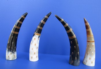 Painted Decorative Horn with Stripes and Circles made out of water buffalo horns 10 to 12 inches -  2 @ $10.80 each <font color=red> (CLOSEOUT 2 @ $7.20 EACH)</FONT>