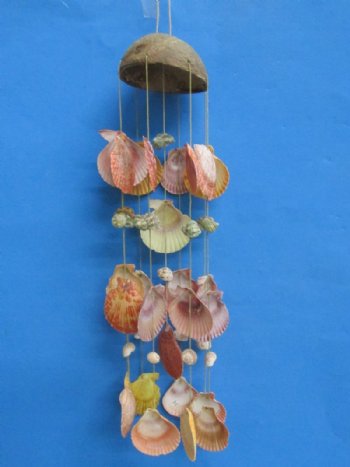 Coconut with Colorful Pecten Nobillis Seashells Wind Chimes <FONT COLOR=RED> Wholesale </font>, 18 inches - 30 @ $3.25 each
