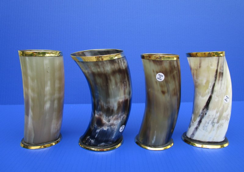6 inches Polished Horn Drinking Glasses, Cups with a Brass Rim for Horn