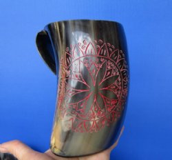 6 inches Engraved Horn Mug with Red Petals <font color=red> Wholesale</font> -  8 @ $24.00 each