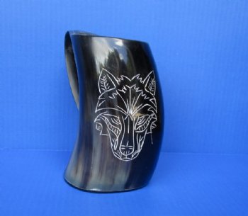6 inches, 16 ounces Engraved Ox Horn Mugs with a Wolf's Face <font color=red> Wholesale</font>- 8 @ $24.00 each