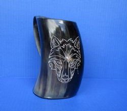 6 inches, 16 ounces Engraved Horn Mugs with a Wolf's Face <font color=red> Wholesale</font>- 8 @ $24.00 each