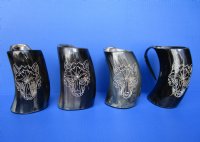 6 inches Engraved Ox Horn Mug with Wolf's Face, 16 ounces - $38.99 each; 2 @ $36.00 each