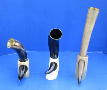 12 to 17 inches Polished Drinking Horns with Brass Rim and Horn Stands <font color=red> Wholesale</font> - 8 @ $14.85 each