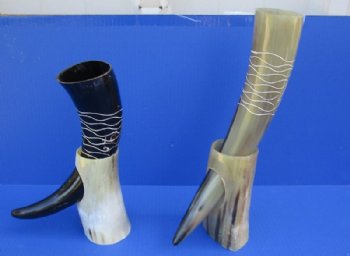 Carved, Engraved Drinking Horn with Horn Stand and Carved with Wavy Lines 12 to 15 inches - $24.99 