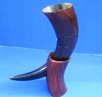 14 to 18 inches Dyed Reddish Brown Carved Lines and Letters Cow Horn with Horn Stand <font color=red> Wholesale</font> - 8 @ $15.95 each