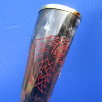 12 to 15 inches Red Engraved Wolf Drinking Horn with Brass Trim, Gold Finial and Horn Stand - $33.99 each