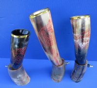 12 to 15 inches Red Engraved Wolf Drinking Horn with Brass Trim, Gold Finial and Horn Stand - $33.99 each