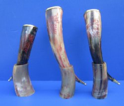 12 to 15 inches Red Engraved Wolf Drinking Horn with Brass Trim, Gold Finial and Horn Stand - $33.99 each